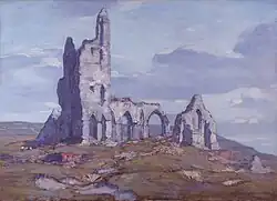 The shattered ruins of a church rise above a cratered landscape