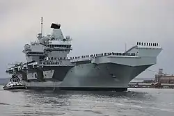 HMS Queen Elizabeth a sea from high up