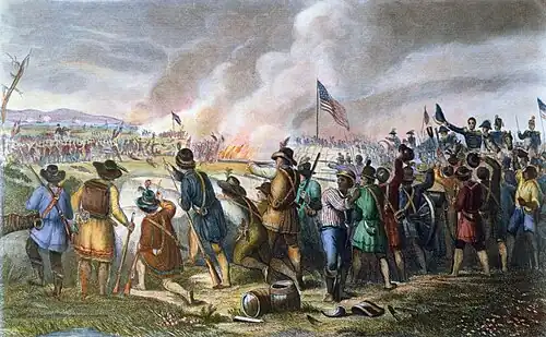 diverse men in frontier outfits with their backs to the viewer, facing ranks of British soldiers marching towards them.