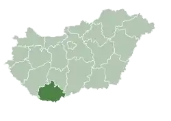 Map of Hungary highlighting Baranya County