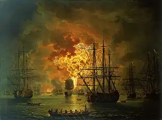 The destruction of the Ottoman fleet in the Battle of Chesma, 1770.