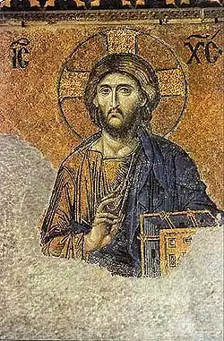 Blue mosaic in the cloak of Christ in the Hagia Sophia church in Istanbul (13th century).