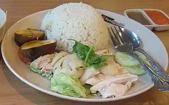 Hainanese chicken rice, a national dish of Singapore