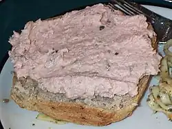 A ham salad spread, atop bread