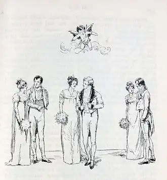 Image at the beginning of Chapter 40 (or Volume 3, Chapter 19). Austen, Jane. Emma. London: George Allen, 1898, page 499. Cupid presiding over the three couples to be married at the end of the novel -- Emma Woodhouse and George Knightley, Harriet Smith and Robert Martin, Jane Fairfax and Frank Churchill