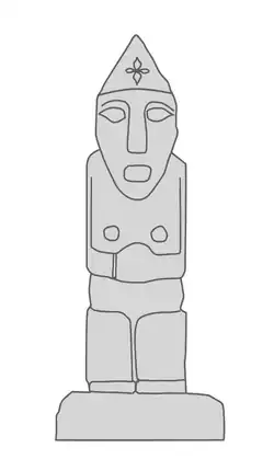 General appearance of the numerous Scythoïd Hu monumental statues from Shandong, featuring people with a high nose, deep eyes and a pointed hat. Eastern Han period.[241]