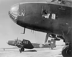 Handley Page Halifax bombers at the neighboring airbase RAF&nbsp;Aqir, used as transport aircraft after WWII in 1946