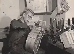 Violinmaker Hans Benning of Benning Violins creating a Baryton in Los Angeles, 1963.