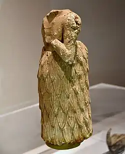 Headless statue of a Sumerian male worshipper, from Khafajah, Iraq, on display at the Sulaymaniyah Museum, Iraq since 1961. The Lost Treasures from Iraq does not mention any status.[30]