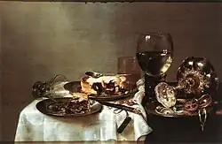 Willem Claeszoon Heda, Breakfast Table with Blackberry Pie (1631); Heda was famous for his depiction of reflective surfaces.