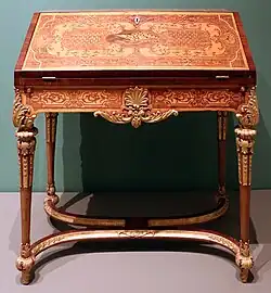 German slant-front desk; by Heinrich Ludwig Rohde or Ferdinand Plitzner; c.1715–1725; marquetry with maple, amaranth, mahogany, and walnut on spruce and oak; 90 × 84 × 44.5&nbsp;cm; Art Institute of Chicago[128]