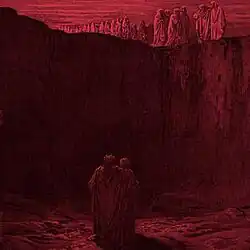 A drawing of two robed figures in a pit rendered in red, inspired by the works of Gustave Doré