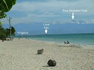 The paying section of Hellshire Beach looking east towards Kingston and the Blue Mountains.