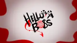 Title card of Helluva Boss depicting the logo on a white background with red blood stains around the edges of the card. The logo is the name of the show in a sharp handwritten style with letters replaced with various demon symbolism.