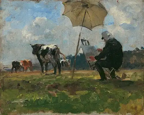 Le Peintre Eugène Boudin peignant des animaux dans la prairie de Deauville