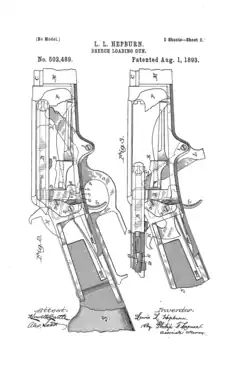 Shows the patent drawings by L. L. Hepburn of the loading mechanism for the Hepburn Breech-Loading Gun used in the Marlin Mod. '93. and its successor the Marlin M336. The mechanism "[forces] the head of [the] cartridge against the front of the carrier and into the chamber, while barring the entrance to the magazine, theoretically preventing failure to feeds, or ejects which lever actions were known for."[4]