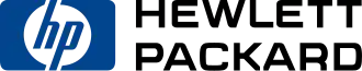 A dark blue rounded rectangle with a hollow circle, the stylized italic letters "hp" on it and the black words "HEWLETT PACKARD"