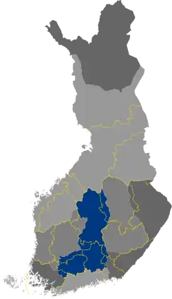 Historical province of Tavastia in blue (borders of the modern regions in yellow)