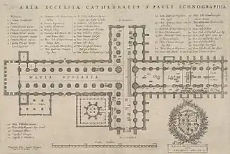 An engraving showing the cross-shaped plan of the cathedral.