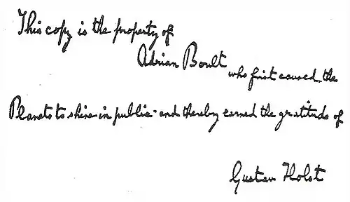 Handwritten inscription: "This copy is the property of Adrian Boult, who first caused the Planets to shine in public and thereby earned the gratitude of Gustav Holst"
