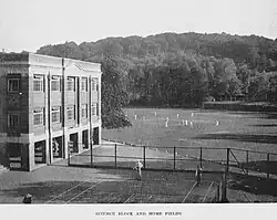 Cricket being played on the school's main field, 'Home' as seen from the Court.