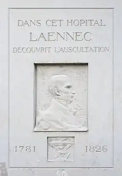 Laennec's memorial tablet in the front of the old hospital. "Here, Laennec discovered the Stethoscope".
