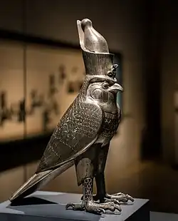 Ancient Egyptian figurine of Horus as falcon god with an Egyptian crown; c. 500 BC; silver and electrum; height: 26.9&nbsp;cm; Staatliche Sammlung für Ägyptische Kunst (Munich, Germany)