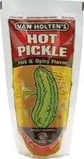 One pickle for individual sale, commonly found in convenience stores