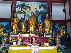 Statues of Hua Tuo (left), Sun Simiao (middle) and Zhang Zhongjing (right) at the Hall of Medicine King, in Lingsheng Temple.
