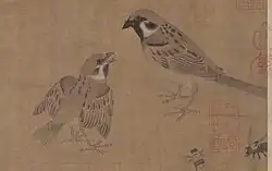 Part of an ink on silk painting by Huang Quan c. 965 CE showing a fledgling soliciting food from an adult