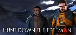 Two men, one in an orange protective suit, stand against a mountainous background. The text "HUNT DOWN THE FREEMλN" rests at the bottom of the picture.