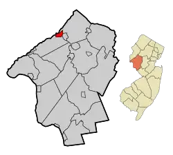 Location of Hampton in Hunterdon County highlighted in red (left). Inset map: Location of Hunterdon County in New Jersey highlighted in orange (right).