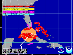 Map showing areas under the effect of tropical cyclone watches and warnings as denoted by highlighted borders. The hurricane's wind field, shown in contours, is also displayed.