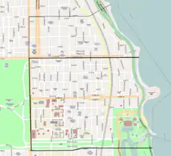 The official Hyde Park community area (bold black) and the unofficial Hyde Park-Kenwood neighborhood extending into the official Kenwood community area (thin black).
