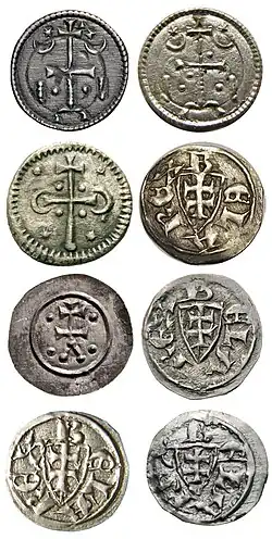 Coins of King Béla III of Hungary with double cross
