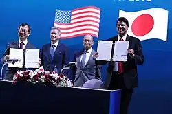 Japan's Ministry of Economy, Trade and Industry Tatsuo Terzawa (left) and US Undersecretary of State Keith Krach (right) sign $10&nbsp;billion Blue Dot Network energy agreement during the Indo-Pacific Business Forum in Bangkok on 4 November 2019.