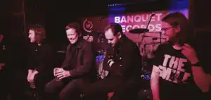 Ist Ist (L to R) : Andy Keating (bass), Adam Houghton (vocals, guitar), Joel Kay (drums), Mat Peters (synthesiser keyboards, guitar) 5 April 2023, pre-gig Q&A Session, Kingston near London