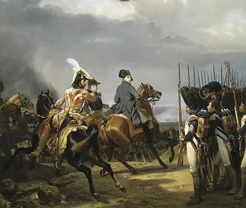 Napoléon I, Emperor of the French, reviewing the Imperial Guard at the Battle of Jena-Auerstedt in 1806. The Battle of Jena by Horace Vernet.