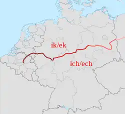 Map showing the Uerdingen line, which divides Low German from High German