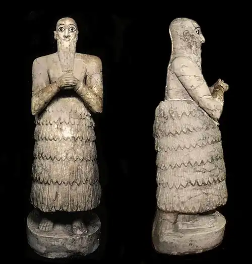 Statue of Iku-Shamagan king of Mari, c.2500 BC.[79][80] National Museum of Damascus