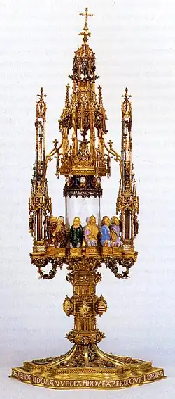 Belém Monstrance; gold and enamel monstrance made in 1506 by Gil Vicente, and offered by king Dom Manuel I of Portugal to the Jerónimos Monastery. Nowadays in the National Museum of Ancient Art, Portugal.