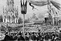 Inauguration of the Monument to the Dynasty in Laeken Park, 21 July 1880, etching by Armand Heins from L'Illustration nationale[6]