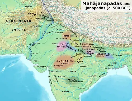Image 23The Mahajanapadas, including the Gandhara and Kambojas kingdoms and Achaemenid Empire in West, around c. 500 BCE (from History of Afghanistan)