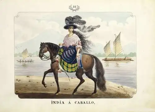 Native woman riding a horse.