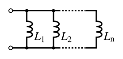 A diagram of several inductors, side by side, both leads of each connected to the same wires