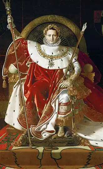 Napoleon I on His Imperial Throne; by Jean-Auguste-Dominique Ingres; 1806; oil on canvas; 2.62 x 1.62 m; Army Museum (Paris)[27]