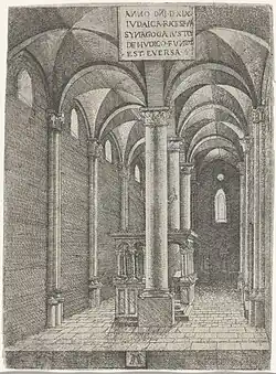 The double-naved interior with bimah between columns, 1519