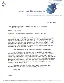 An invitation letter to the ground-breaking of the Seattle Space Needle, 1961.