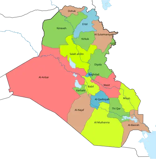 A clickable map of Iraq exhibiting its governorates.