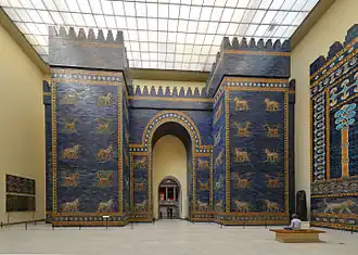 Reconstruction of the Ishtar Gate, c. 605&nbsp;– c. 539 BC, glazed bricks, Pergamon Museum[4]